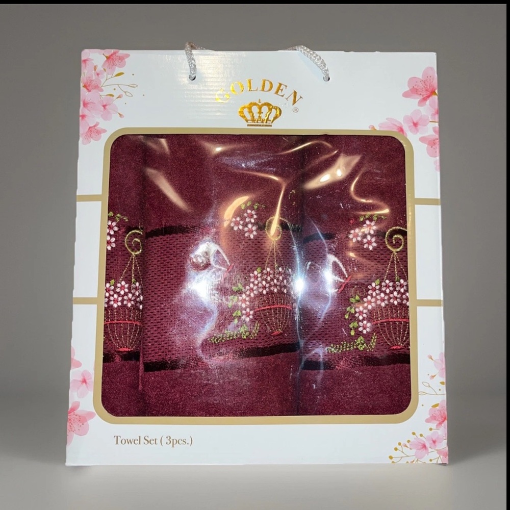 High Quality Golden 3-Pc Towel Set Embroidered Flower 🌺 W/Water Can & Butterfly